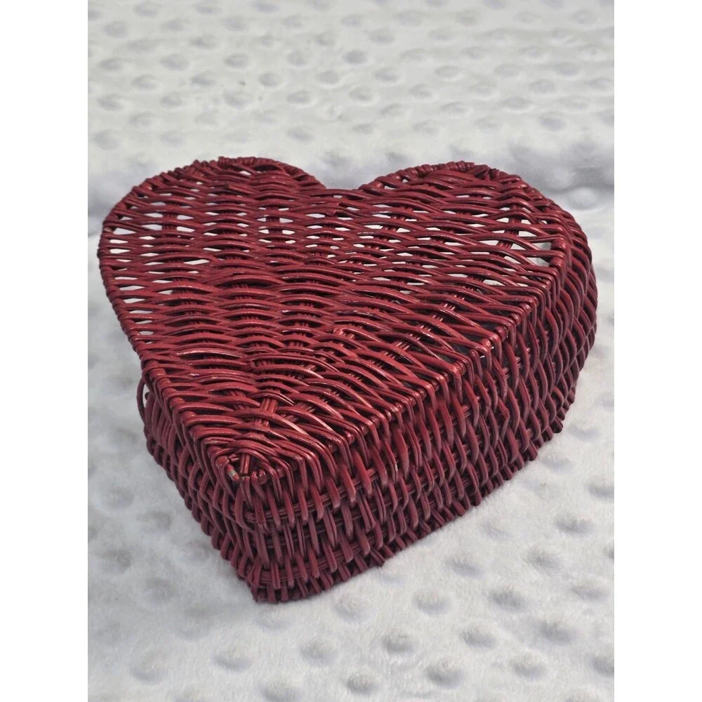 Heart Shaped Wicker Basket Red Planter Napkin Holder Side Shelf Country Decor